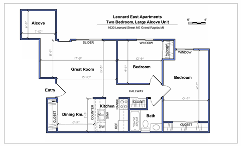Floor plan for 2 beds, 1 bath, 950 sqft